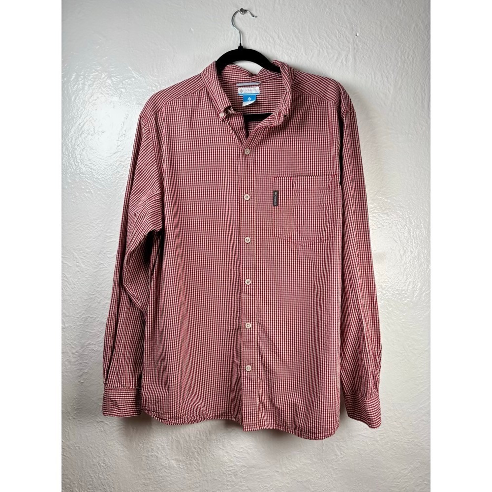 Columbia Button Down Shirt Mens L Red White Gingham Plaid Cotton Hiking‎ Fishing